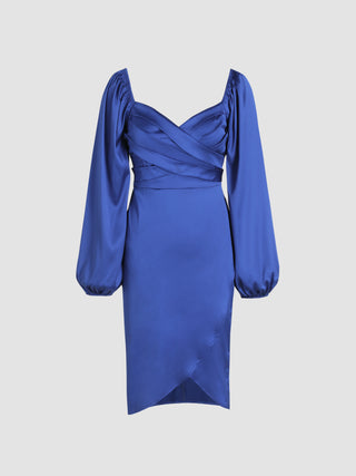 Satin Sweetheart Cross Midi Dress (M / Blue)