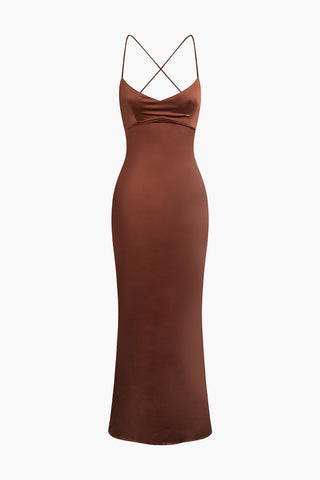 Satin Tie Backless Maxi Dress (S / BROWN)