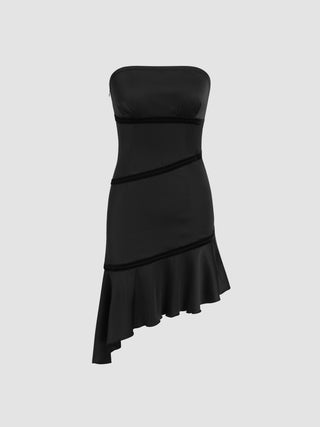 Satin Tube Solid Ruffle Midi Dress