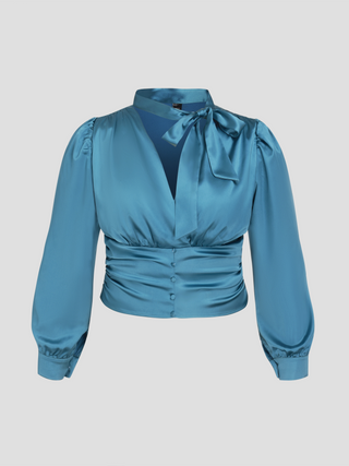 Satin V-neck Belted Crop Long Sleeve Blouse Curve & Plus