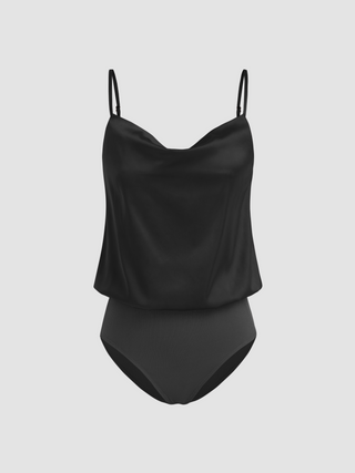 Satin V Neck Cami Bodysuit (XS / Black)