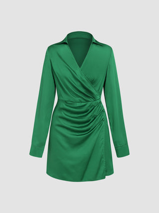 Satin V-neck Collar Short Dress (M / Green)