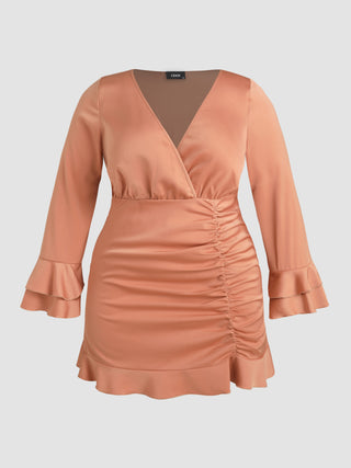 Satin V-neck Ruched Bell Sleeve Mini Dress Curve & Plus