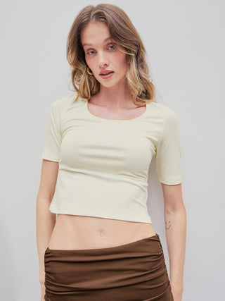 Scoop Neckline Short Sleeve Top (XS / Beige)