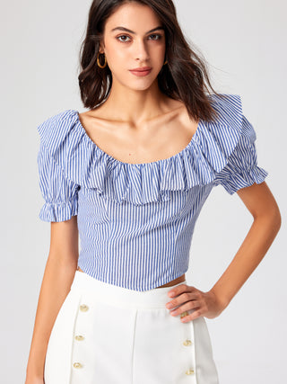 Scoop Neckline Striped Ruffle Short Sleeve Top