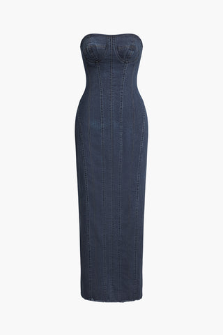 Seam Detail Zipper Slit Denim Strapless Maxi Dress (L / DARK WASH BLUE)