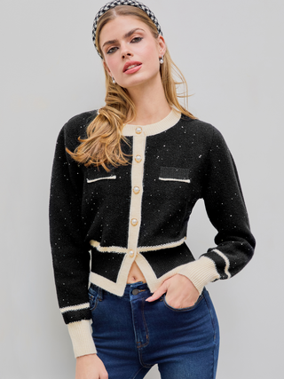 Sequin Contrasting Binding Faux Pearl Button Knitted Cardigan