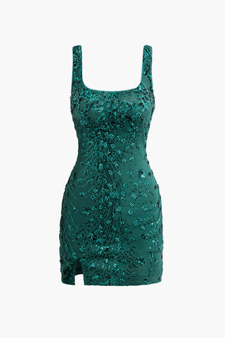 Sequin Embellished Square Neck Mesh Split Mini Dress (XS / DARK GREEN)