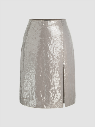 Sequin Mid Waist Metallic Split Maxi Skirt Curve & Plus