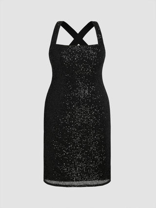 Sequin Square Neck Backless Midi Dress Curve & Plus