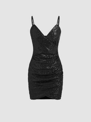 Sequin V-neck Solid Wrap Ruched Mini Dress