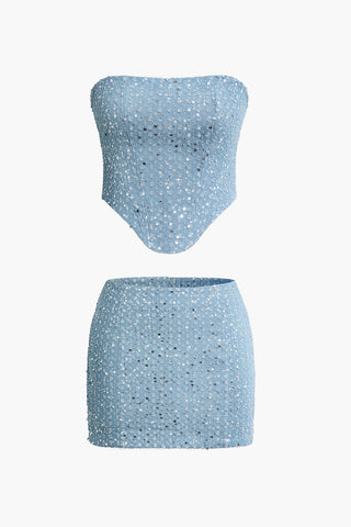 Sequin Zipper Tube Top And Mini Skirt Set (L / LIGHT WASH BLUE)