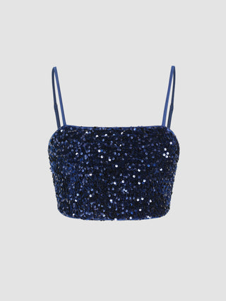 Sequins Square Neck Solid Crop Top