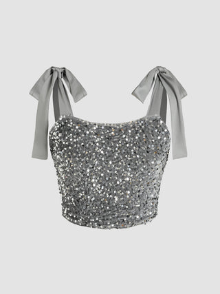 Sequins U-neckline Solid Bowknot Crop Top