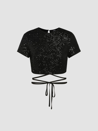 SequinTie Back Crop Top (L / Black)