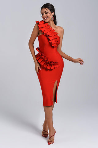 Shailee One Shoulder Midi Bandage Dress (S / Red)