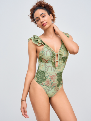 Shaping Floral Ruffle Trim One Piece Swimsuit