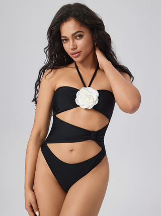 Shaping Halter Rosette Cut Out One Piece Swimsuit