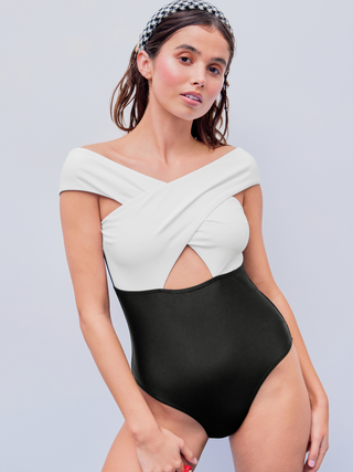 Shaping Off-shoulder Two Tone One Piece Swimsuit