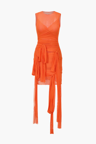 Sheer Mesh Ribbon Mini Dress (S / ORANGE)