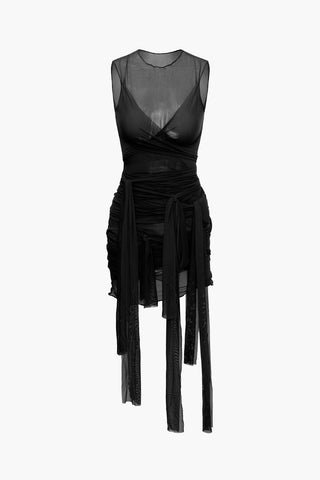 Sheer Mesh Wrap Tie Ribbon Mini Dress (L / BLACK)