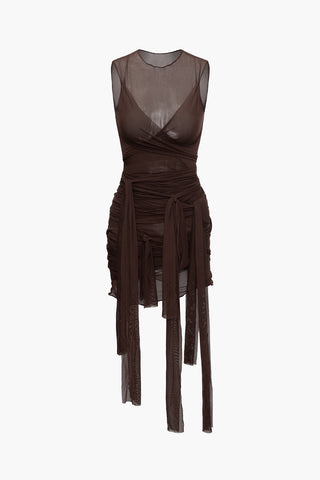 Sheer Mesh Wrap Tie Ribbon Mini Dress (XS / BROWN)