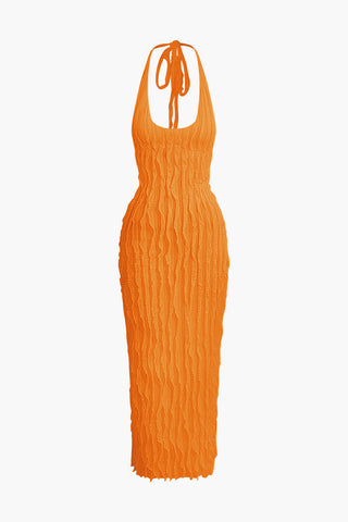 Sheer Ruffle Texture Halter Backless Maxi Dress (L / ORANGE)