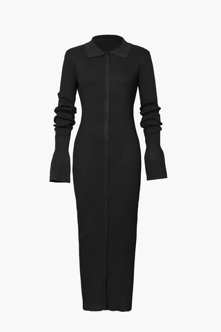 Shell Sleeve Ribbed Buttons Down Maxi Dress (M / BLACK)