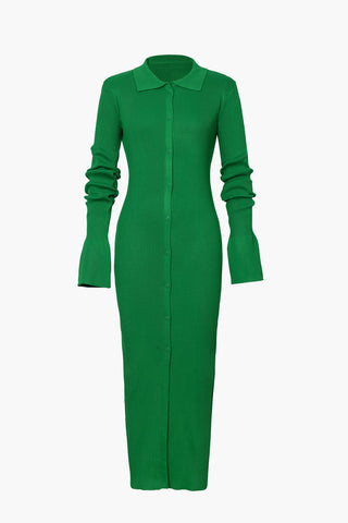 a green sweater dress with long sleeves and buttons