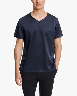 Short-Sleeved v Neck Silk Mens Tee (Navy Blue / XXXL)