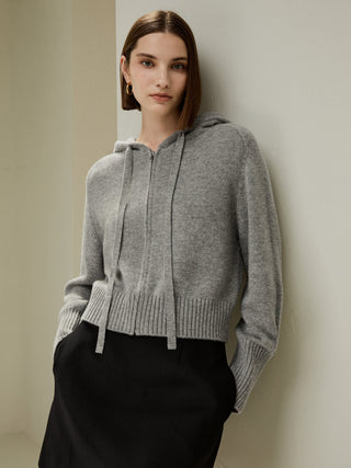 Short Zip-Up Wool Cashmere Hoodie (Light Gray / S)