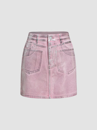 Silver Coated Mid Waist Pocket Denim Mini Skirt