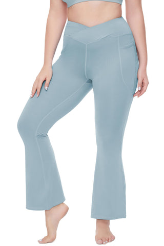 Sixstar Women Plus Size Wide Leg Flare Leggings Crossover High Waisted Yoga Pants for Women Tummy Control Light Blue