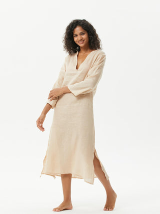 Small V-neck Long-sleeve Linen Dress