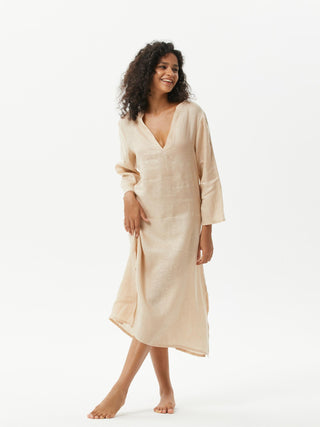 Small V-neck Long-sleeve Linen Dress