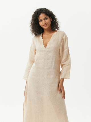 Small V-neck Long-sleeve Linen Dress