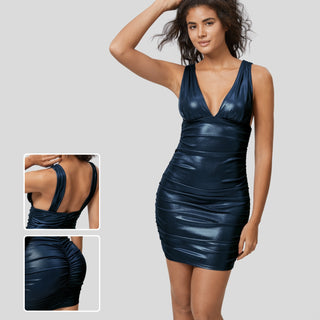 Softlyzero™ Faux Leather V Neck Backless Ruched Bodycon Foil Print Stretchy Mini Party Dress