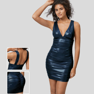 Softlyzero™ Faux Leather V Neck Backless Ruched Bodycon Foil Print Stretchy Mini Party Dress