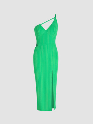 Solid Asymmetrical Cut Out Split Maxi Dress (XL / Green)