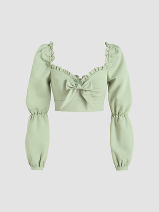 Solid Bowknot Ruffle Crop Blouse