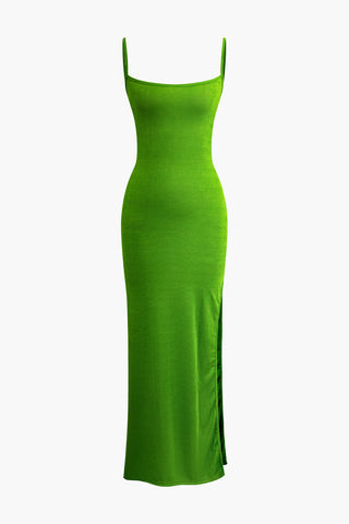 Solid Braided Eyelet Slip Slit Knit Maxi Dress (S / LIME)