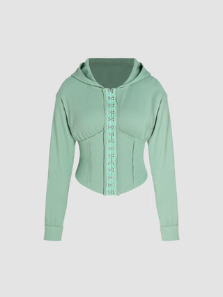 Solid Buckle Long Sleeve Hoodie