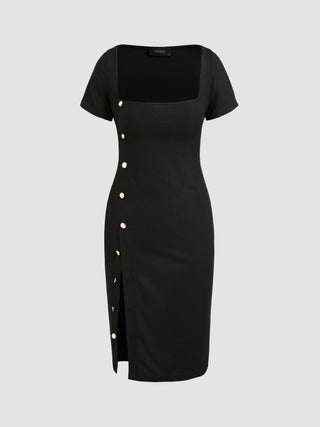 Solid Button Split Midi Dress