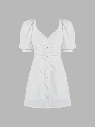 Solid Button-Up Puff Sleeve Mini Dress