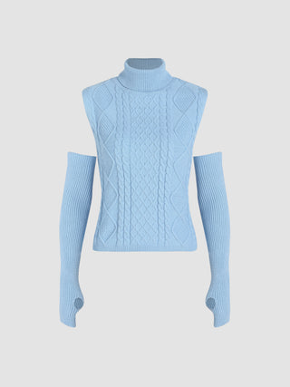 Solid Cable Knit Turtleneck Vest & Gloves