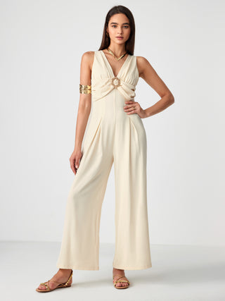 Solid Chiffon V-neck Pleated Jumpsuit