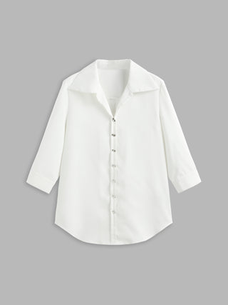 Solid Collar Button Short Sleeve Blouse