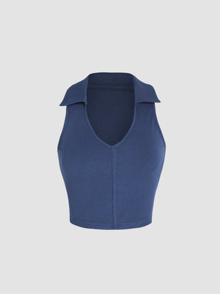 Solid Collar Sleeveless Crop Top (S / Blue)