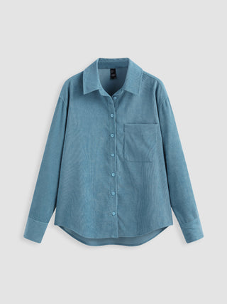 Solid Corduroy Collar Long Sleeve Shirt (S / Blue)