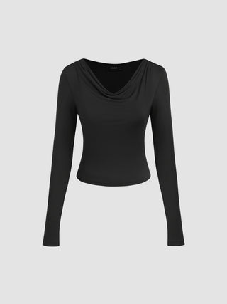 Solid Cowl Neck Long Sleeve Crop Top